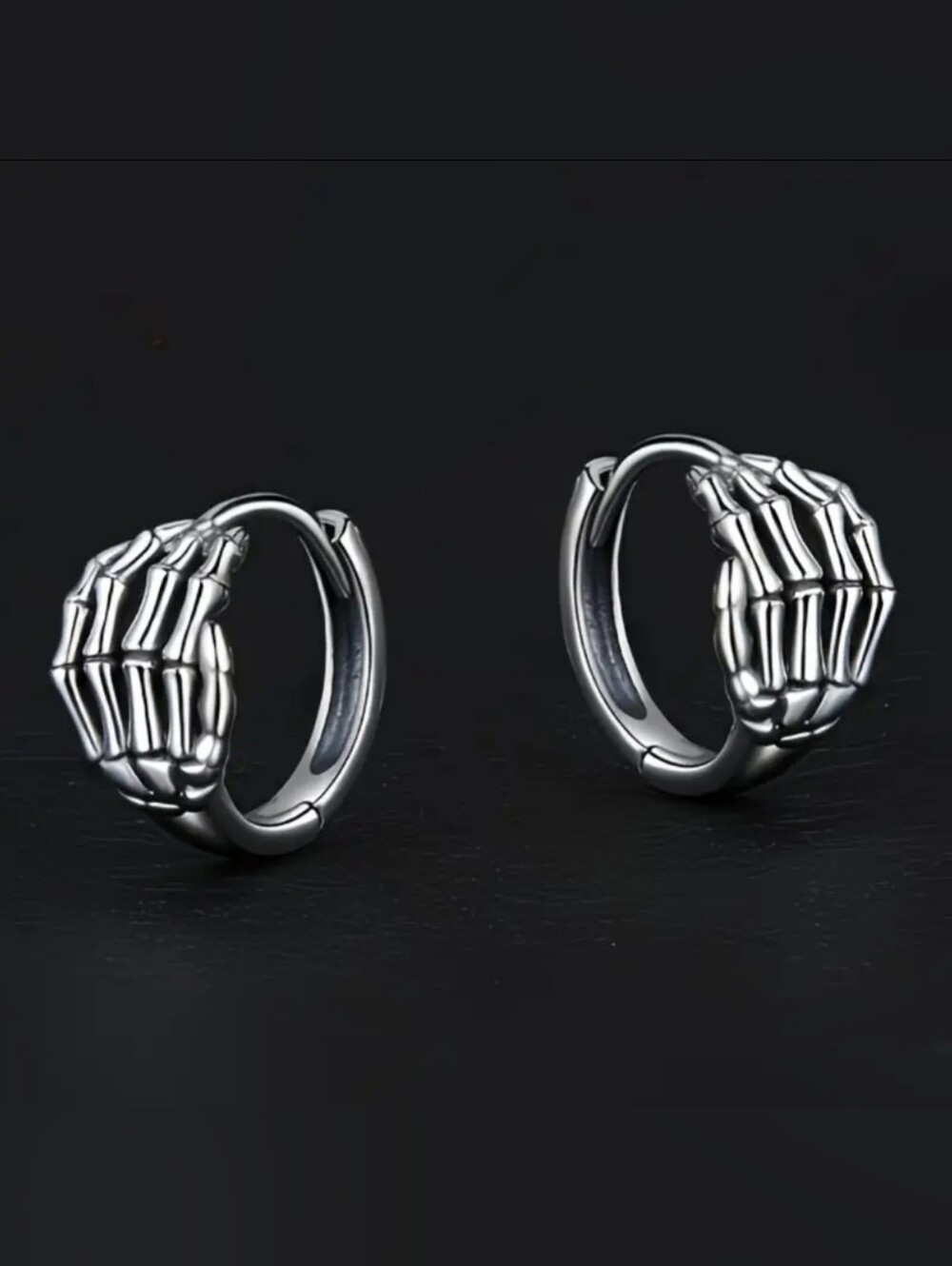 Gothic Skeleton Hand Huggie Hoop Earrings - Silver Tone Punk Rock Boho